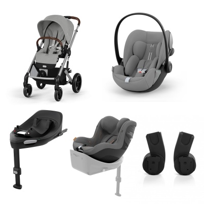 Conjunto de carrinho e cadeira auto cinza para bebé com base e adaptadores pretos