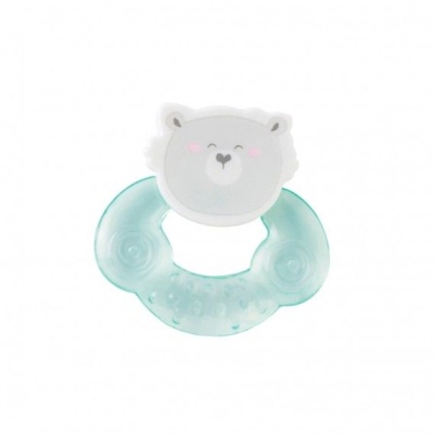 Mordedor de bebé azul com cabeça de urso branco e cinzento