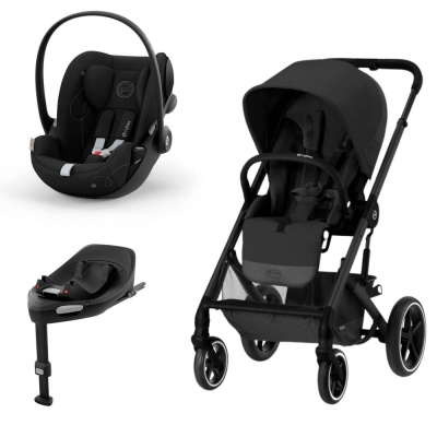 Carrinho de bebé preto com cadeira para carro e base
