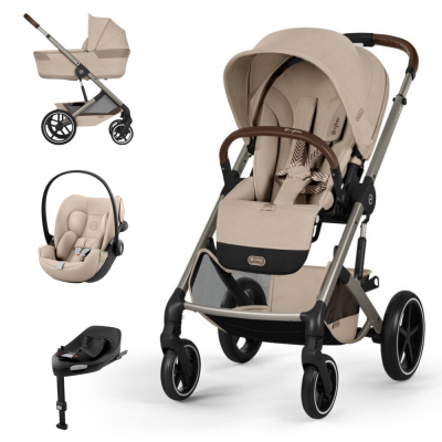 Conjunto de viagem para bebé em tons bege com carrinho, alcofa, cadeira auto e base ISOFIX