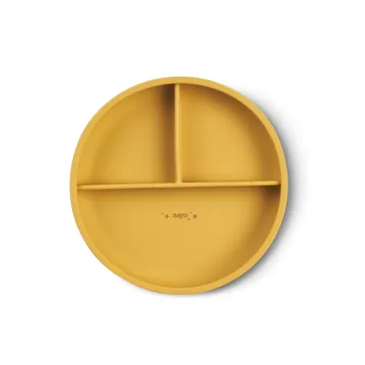 Prato redondo amarelo com três divisórias e palavra SABIO no centro