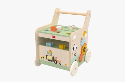 Andador de madeira para crianças com blocos para encaixar e desenhos coloridos