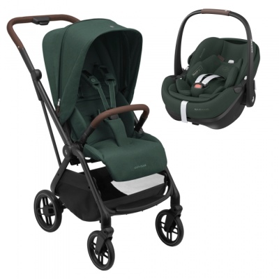 Carrinho de bebé verde escuro com ovo para automóvel