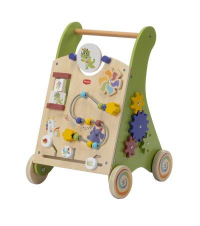 Carrinho de madeira educativo para crianças com rodas coloridas e brinquedos interativos