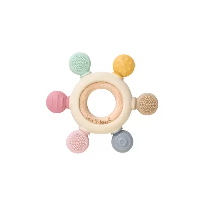 Mordedor para bebé em madeira e silicone colorido com texturas