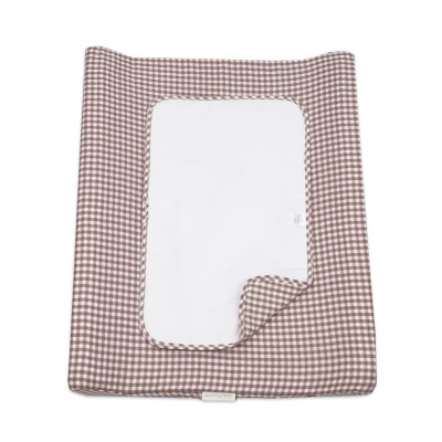 colchão de mudas para bebé castanho e branco xadrez com superfície branca