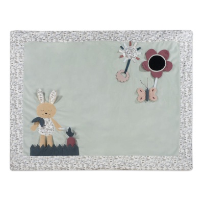 Tapete retangular para bebé com desenhos de coelho, pássaro, flor e borboleta em tecido macio