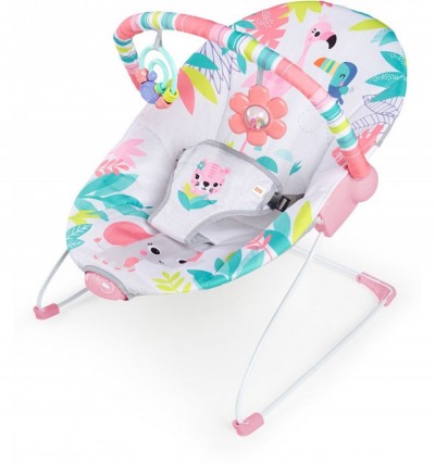 Cadeira de bebé colorida com barra de brinquedos e estrutura metálica