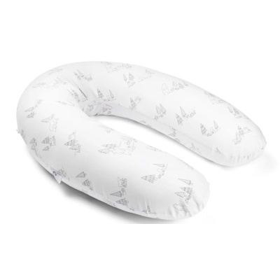 Travesseiro de corpo branco em formato U com estampas cinzentas