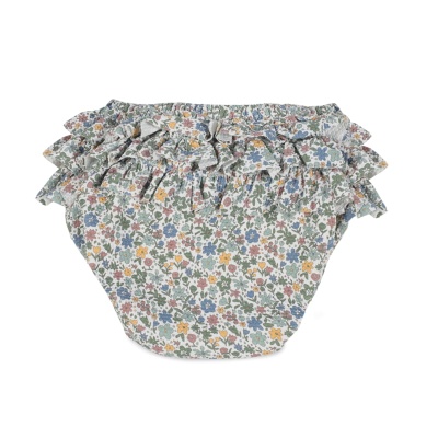 Cueca de bebé com padrão floral colorido e folhos na cintura
