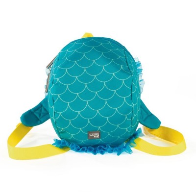 Mochila infantil azul-turquesa com padrão de escamas e alças amarelas