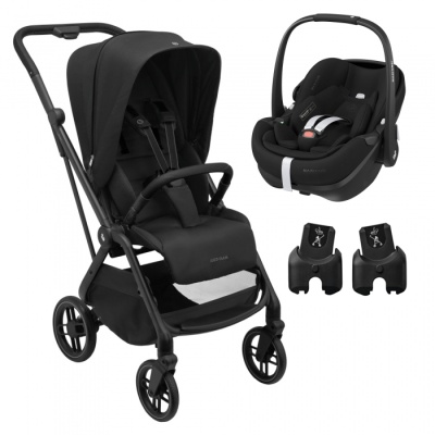 Carrinho de bebé preto com cadeira auto e adaptadores