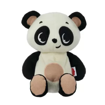 Peluche panda branco e preto com detalhes bege e etiqueta vermelha