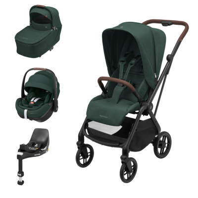 Conjunto de bebé Maxi-Cosi verde escuro com carrinho, ovo auto, alcofa e base de fixação.