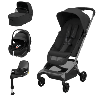Conjunto de bebé Maxi-Cosi preto com carrinho de passeio, cadeira auto, base para carro e moisés