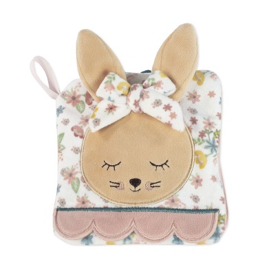 Paninho quadrado para bebé com cabeça de coelho em tecido castanho e estampa floral
