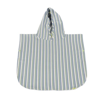 Poncho de chuva com riscas verticais em várias cores e capuz