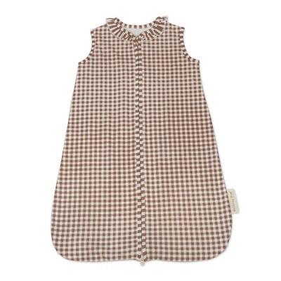 Babygrow xadrez castanho e branco com fecho e gola com folhos para bebé