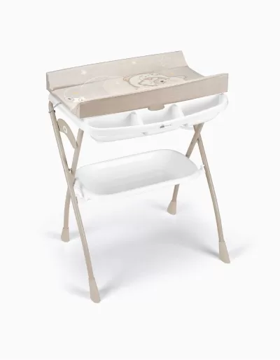 Mesa de muda para bebé bege com almofada e bandejas brancas