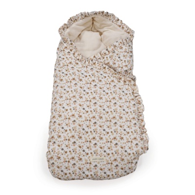 Saco de bebé com padrão floral e babados, interior creme acolchoado