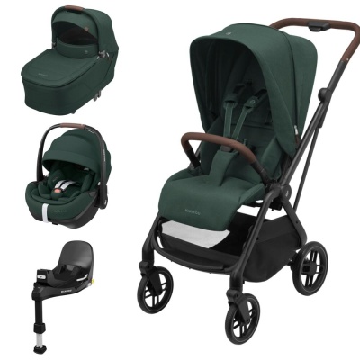 Conjunto de carrinho de bebé com alcofa, assento reclinável, cadeira auto e base, em verde escuro e estrutura preta