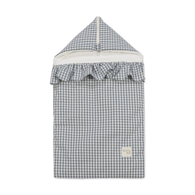 Saco de dormir para bebé azul e branco com capuz e folho