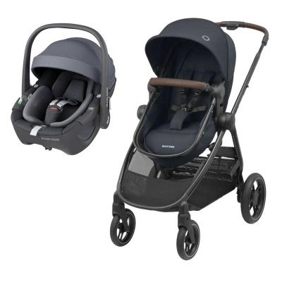Carrinho de bebé azul-escuro e cadeira auto da marca MAXI-COSI