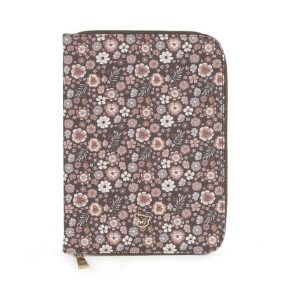 Estojo em tecido com padrão floral em tons castanho, branco e rosa