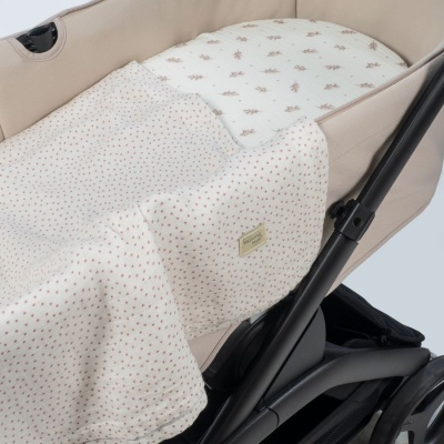 Carrinho de bebé bege e preto com almofada e manta estampadas