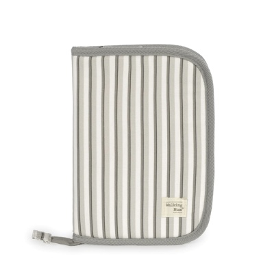 Estojo riscas cinza e branco com bordas cinzentas e etiqueta Walking Mum