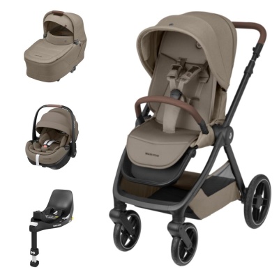 conjunto de passeio Maxi-Cosi bege com carrinho, alcofa, cadeira auto e base de fixação