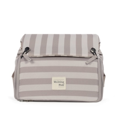 Mala cinza creme às riscas com etiqueta Walking Mum