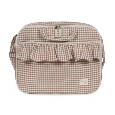 Mala maternidade xadrez castanho/bege com folhos e alças