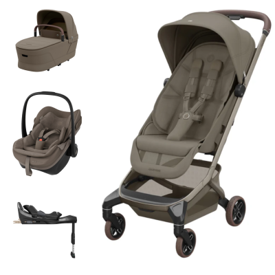 Conjunto de carrinho de bebé, alcofa, cadeira auto e base Isofix castanha