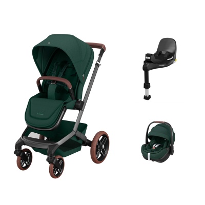 Carrinho de bebé verde escuro com acessórios