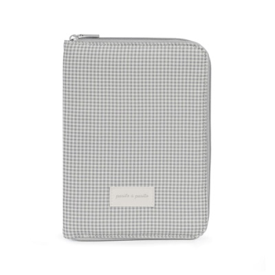 Porta-documentos tecido cinzento com padrão xadrez e fecho de correr