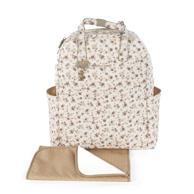 Mochila branca floral castanho com manta bege e branca