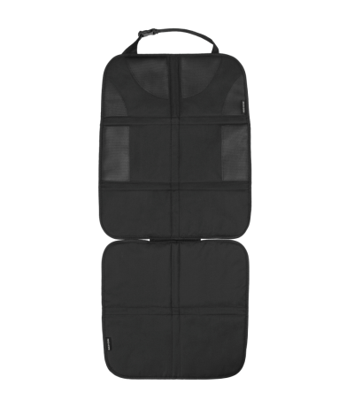 Capa protetora preta para banco de carro com tecido liso e detalhes em malha