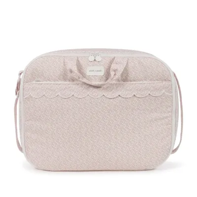 Mala de bebê rosa com padrão floral delicado e fecho de correr branco