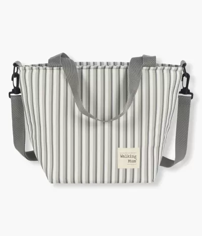 Bolsa riscada cinzenta e branca com alças cinzentas e etiqueta Walking mum