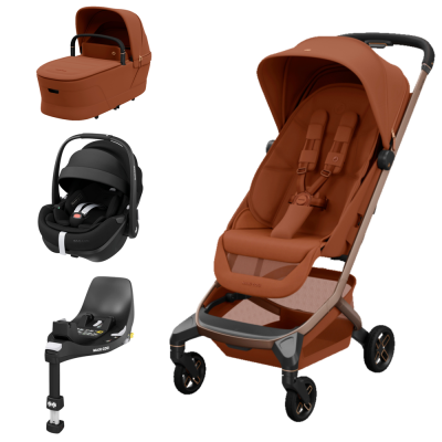 Conjunto Maxi-Cosi carrinho castanho, alcofa, cadeirinha e base