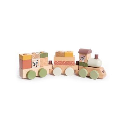 Comboio de madeira colorido com peças destacáveis e imagens de cães