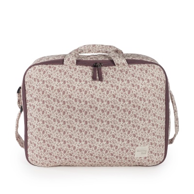 Mala de tecido rosa e bege com padrão floral e etiqueta 'Walking Mum'