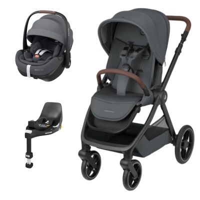 Carrinho de bebé cinzento com cadeirinha e base para carro MAXI-COSI