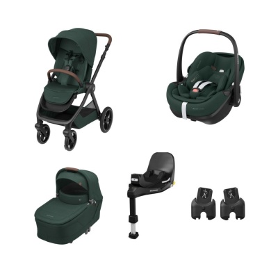 Conjunto de carrinho, alcofa, cadeira auto e acessórios em verde escuro e preto