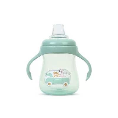 Biberão verde translúcido com bico de silicone transparente e duas pegas laterais, decorado com um autocarro com animais.