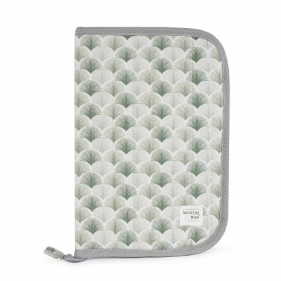 Bolsa organizadora com padrão geométrico verde e branco e bordas cinzentas