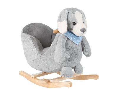Cadeirão de baloiço infantil em cinzento com decoração de cão e estrutura de madeira