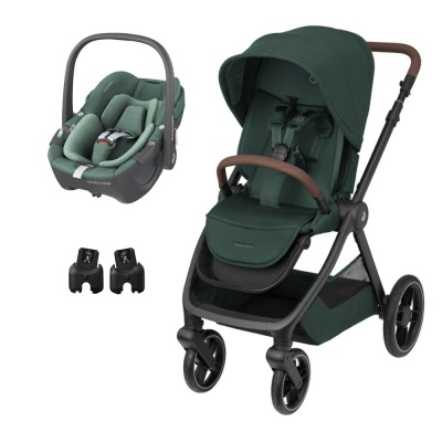 Carrinho de bebé verde com alcofa e adaptadores pretos