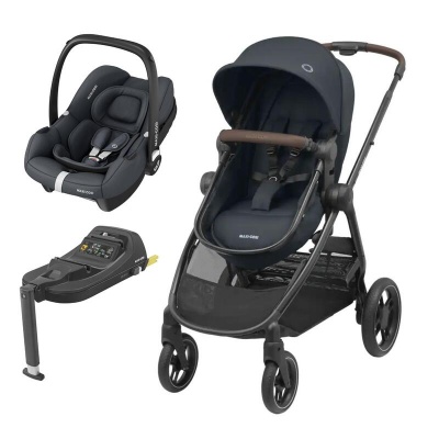 Carrinho de bebé azul escuro com cadeira auto e base ajustável